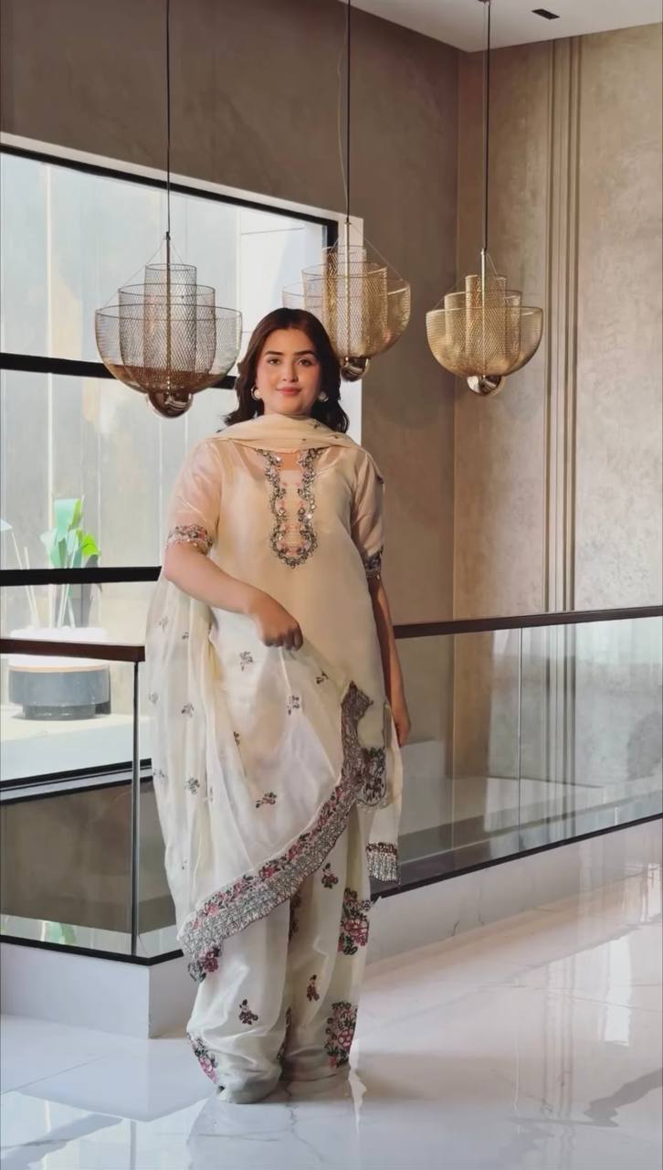 Ivory Fendi Silk Farshi Palazzo Suit Set with Dupatta | Designer Ethnic Wear for Women