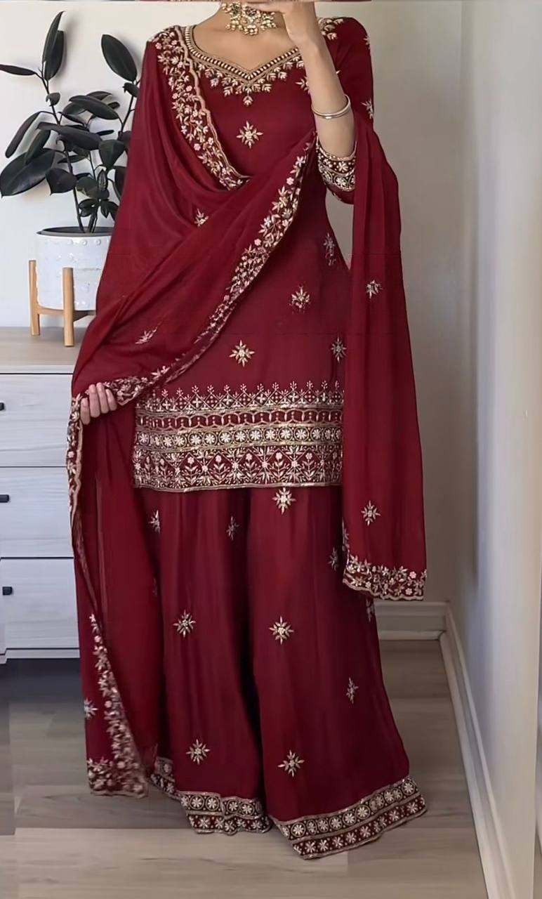 Wine Red Embroidered Sharara Suit Set with Dupatta for Women | Designer Wedding & Sangeet Wear