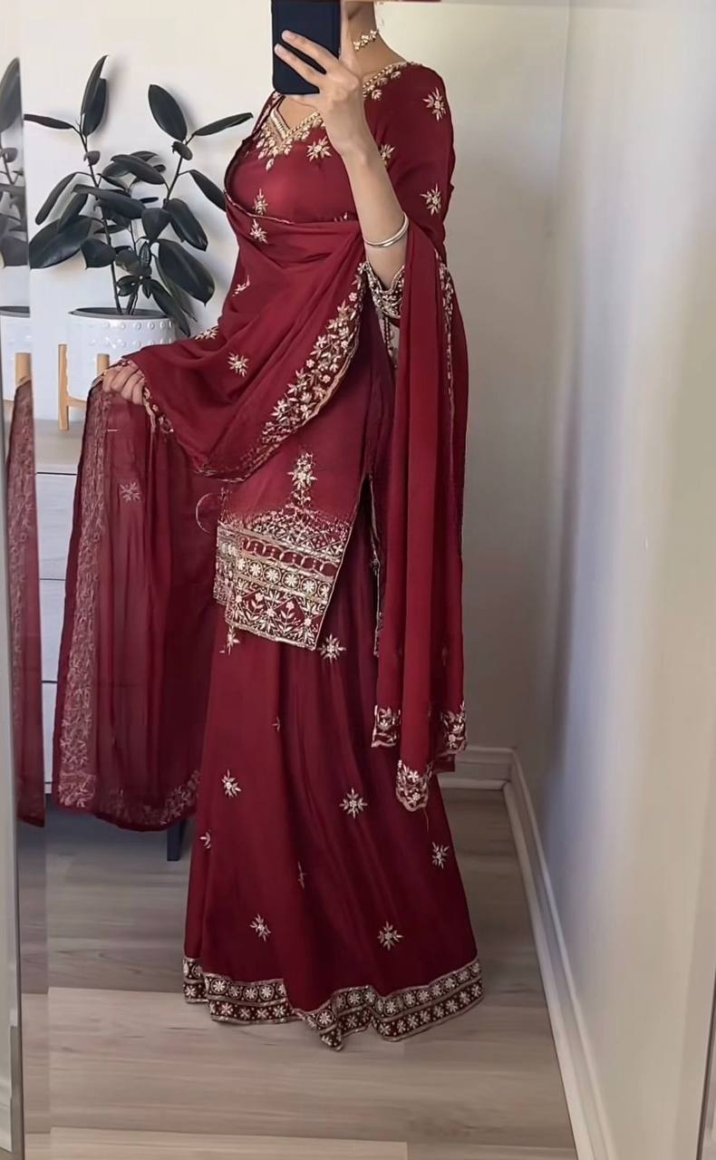 Wine Red Embroidered Sharara Suit Set with Dupatta for Women | Designer Wedding & Sangeet Wear