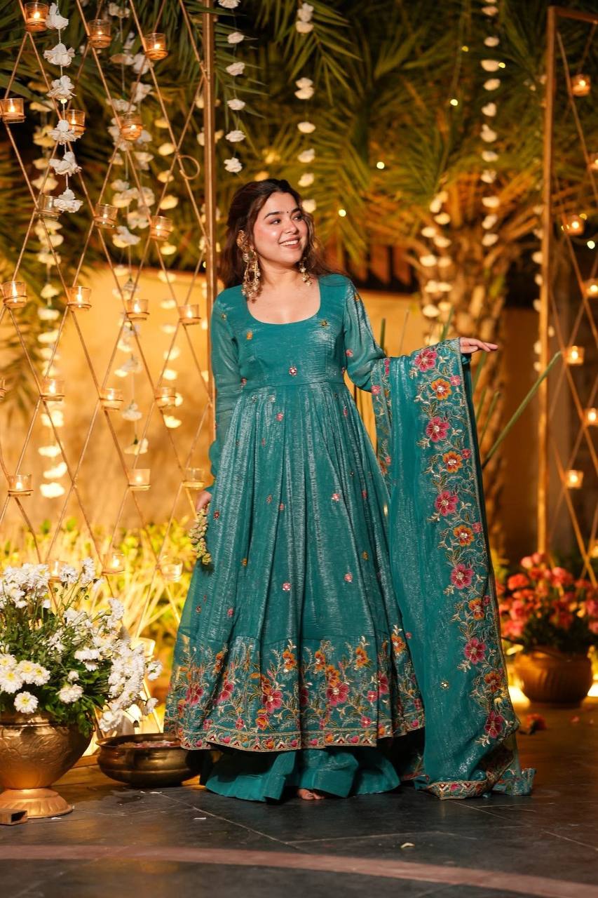 Luxury Embroidered Crunchy Silk Anarkali Gown Sharara Set with Dupatta