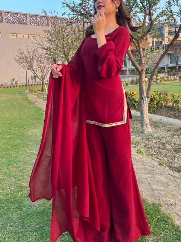 90’s Style Maroon Georgette Palazzo Sharara Suit