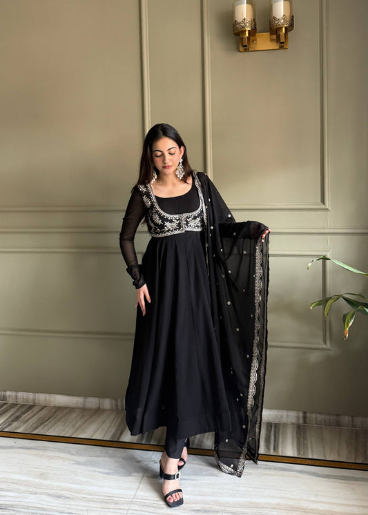 Black Georgette Anarkali Suit Set for Women | Fully Stitched Elegant Partywear Anarkali dress