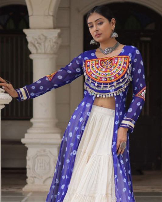 Blue Bandhani Print Kurti with Kora Cotton Lehenga for Women
