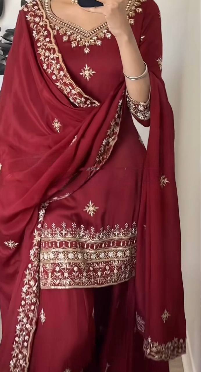 Wine Red Embroidered Sharara Suit Set with Dupatta for Women | Designer Wedding & Sangeet Wear