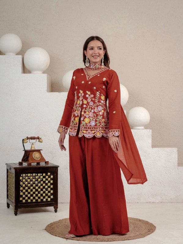 Rust Orange Silk Kurta Palazzo Suit Set for Women | Premium Wedding & Festive Wear