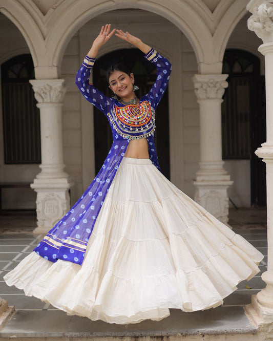 Blue Bandhani Print Kurti with Kora Cotton Lehenga for Women