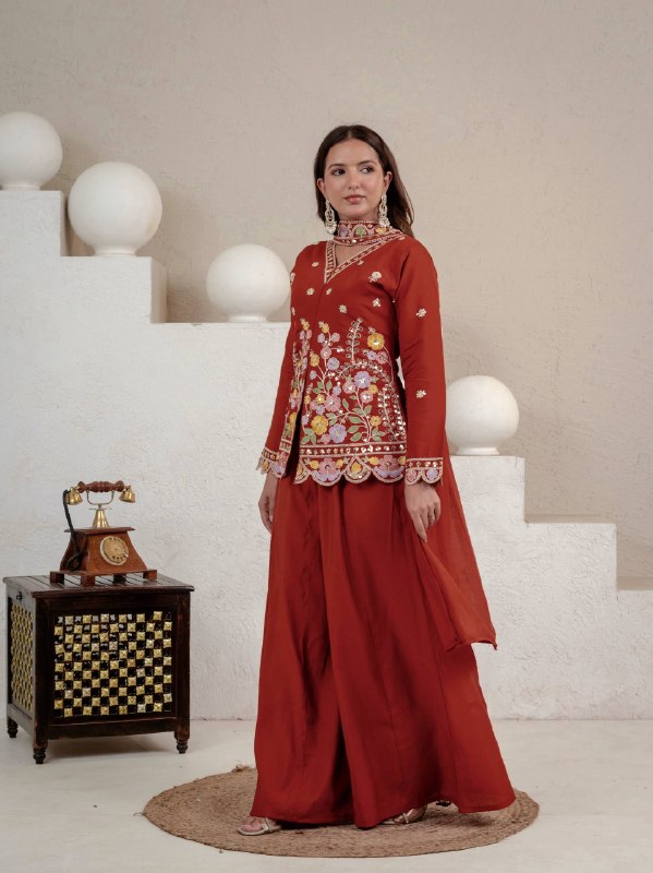 Rust Orange Silk Kurta Palazzo Suit Set for Women | Premium Wedding & Festive Wear