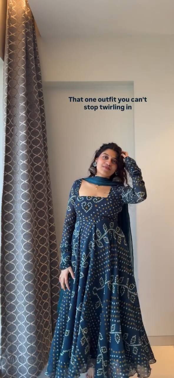 Teal Blue Printed Georgette Women's Anarkali Suit Set