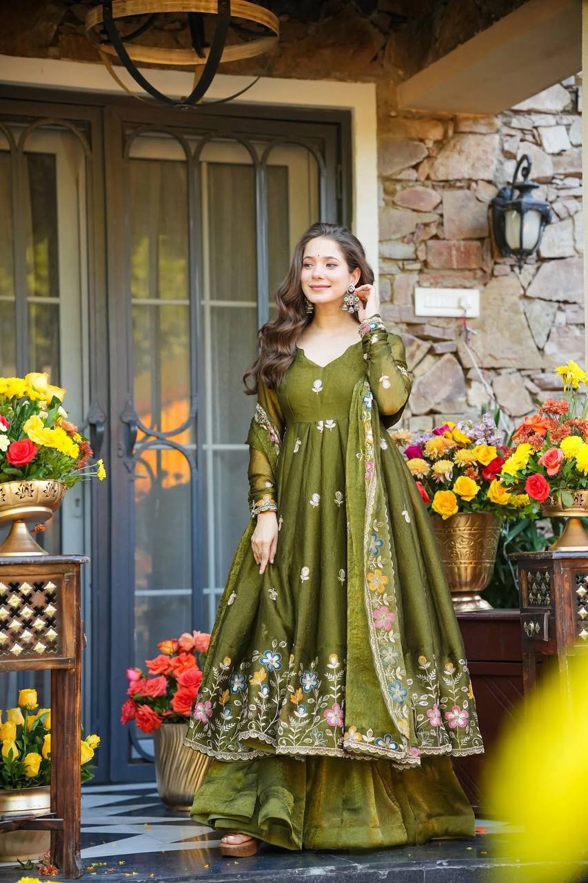 Mehndi Green Embroidered Anarkali Suit Set with Sharara For Wedding