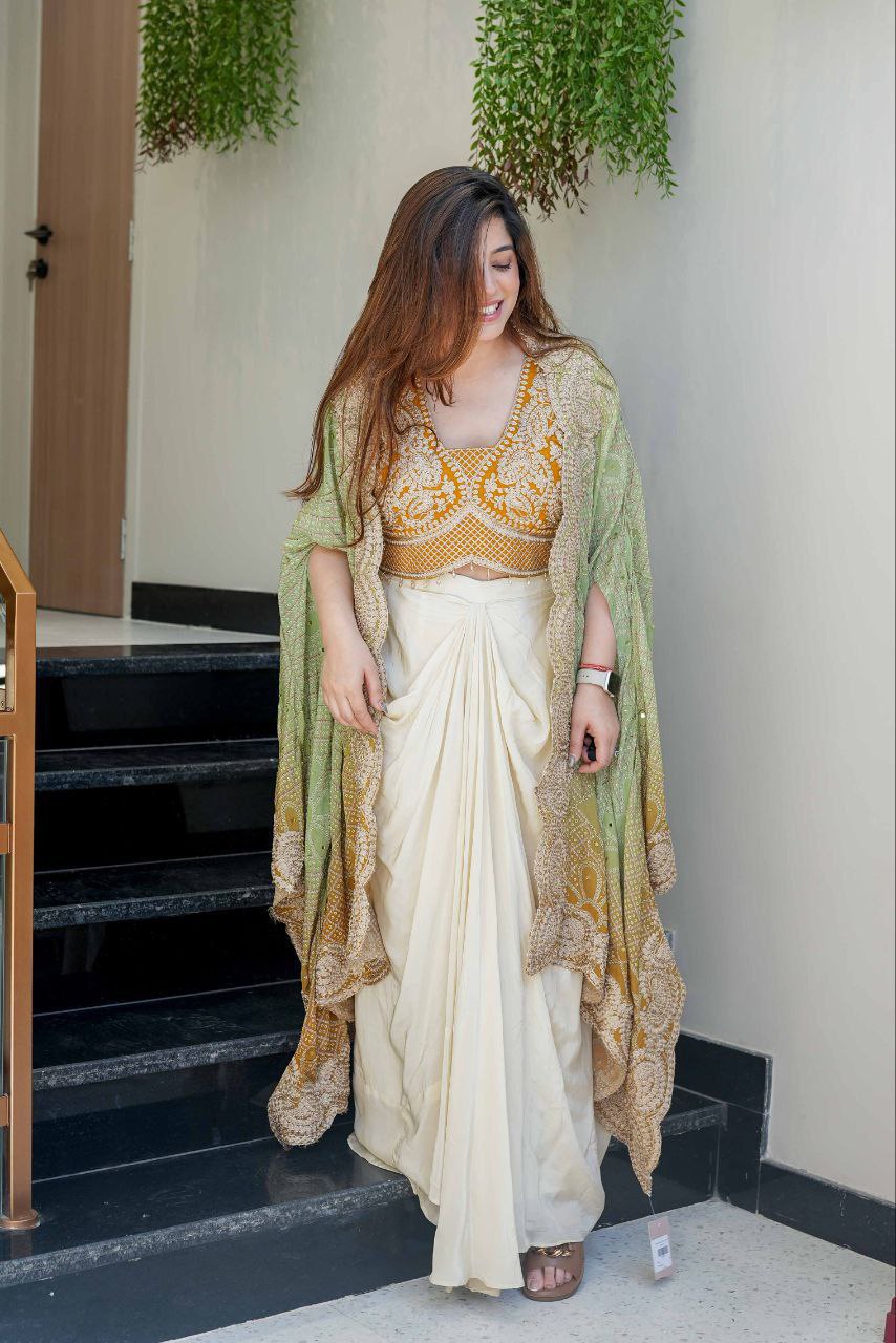 Party Wear Indo-Western Draped Saree Set with Embroidered Shrug - Western Saree Outfit for Women