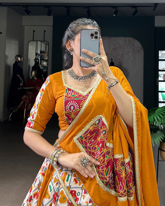 Mustard Pure Rayon Printed Silk Navratri Lehenga Choli for Women