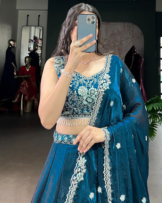 Festive Peacock Color Fendi Silk Embroidered Lehenga Choli