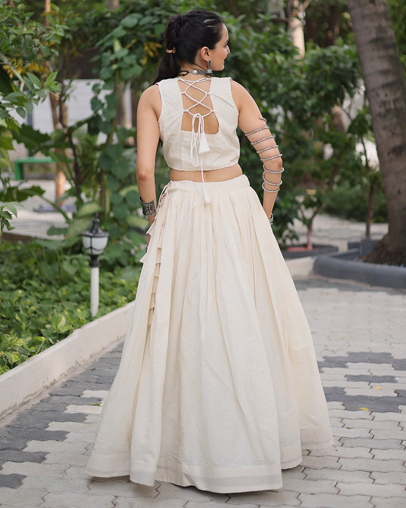 Off White Kora Cotton Gamthi Embroidered Navratri Lehenga Choli for Women