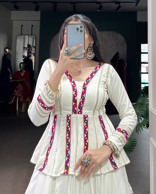 White Pure Rayon Embossed Navratri Lehenga Choli for Women