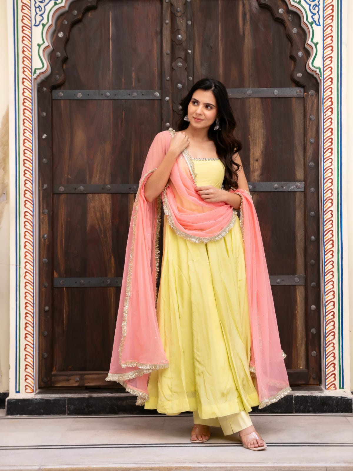 Sangeet Special Yellow Anarkali Suit Set with Pink Dupatta | Designer Festive & Party Wear for Women