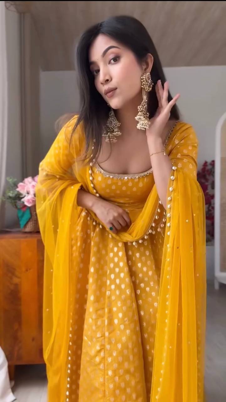 Haldi Special Mirror Work Yellow Anarkali Suit Set with Dupatta for Women