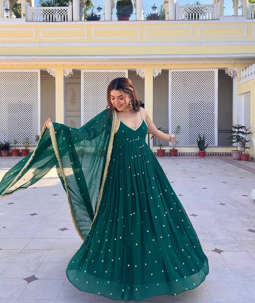 Emerald Green Faux Blooming Gown Set with Heavy Sequin & Zari Work, Pant & Dupatta