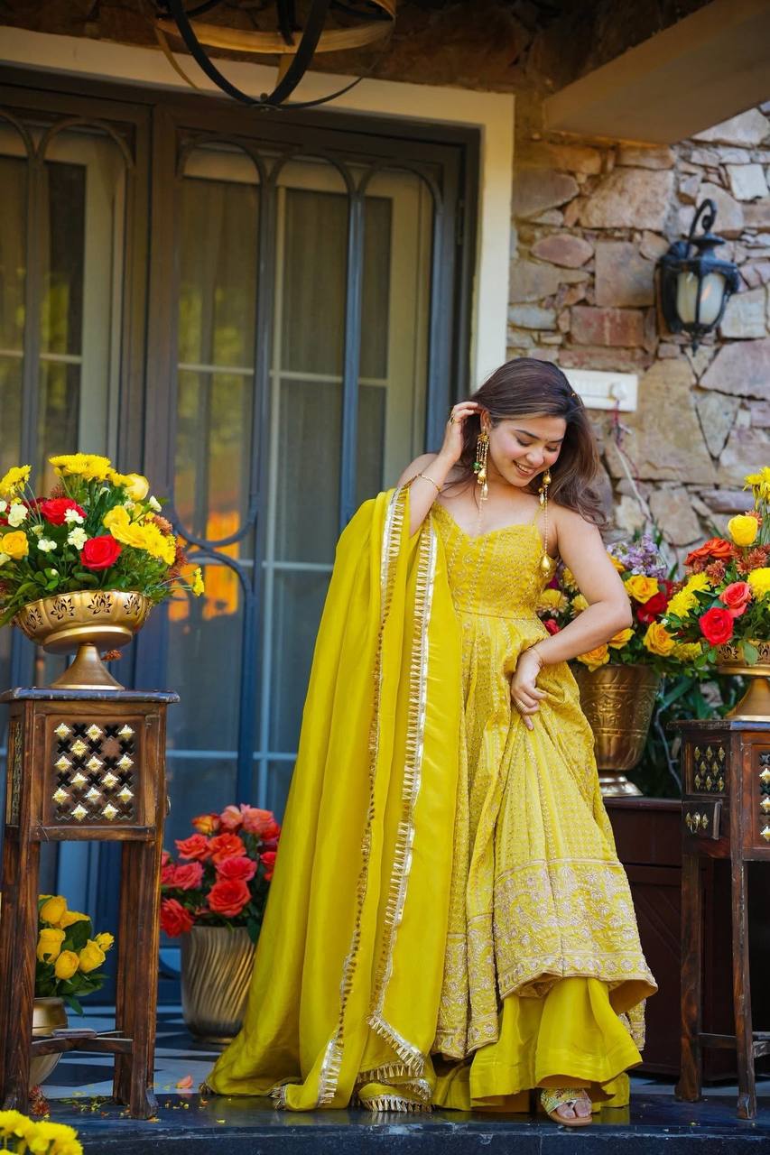 Wedding Wear Yellow Anarkali Suit with Sharara & Dupatta For Women
