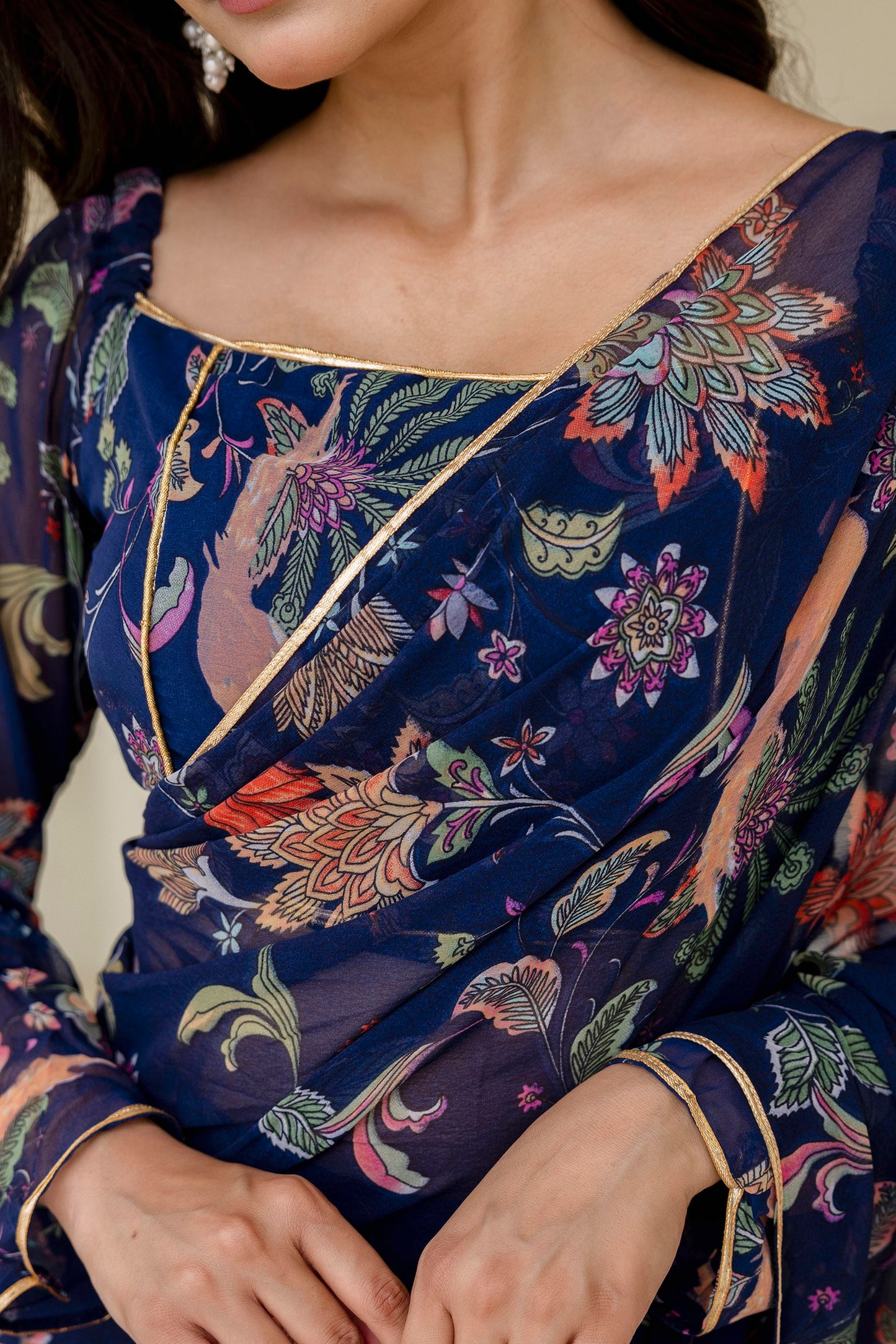 Floral Ruffle Ready to Wear Lehenga Saree with Full Sleeve Blouse