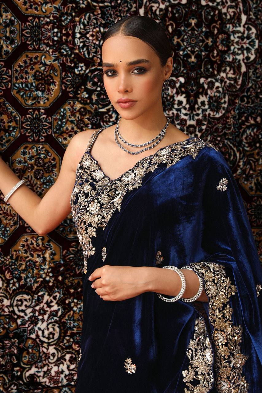 Designer Navy Blue Velvet Party Wear Saree with Heavy Silver Embroidery Border work