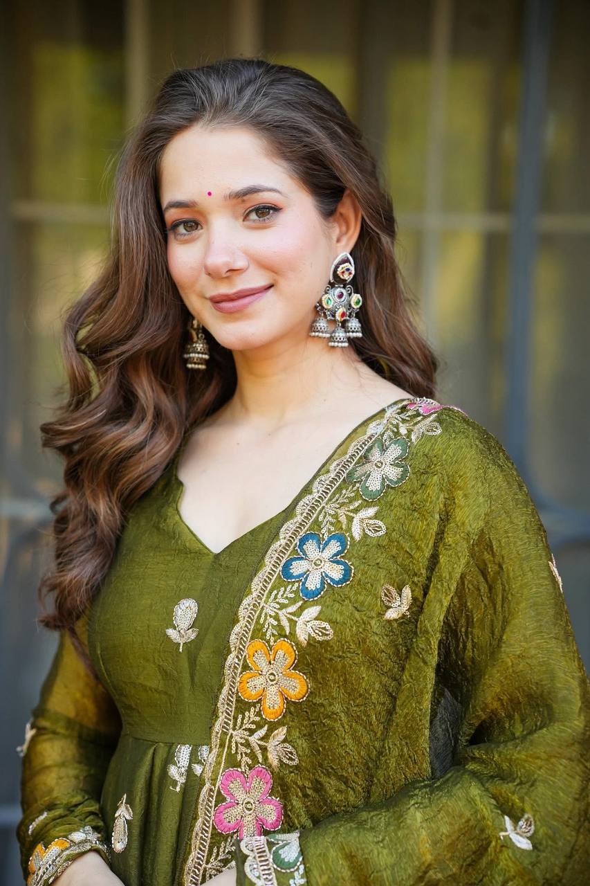 Mehndi Green Embroidered Anarkali Suit Set with Sharara For Wedding