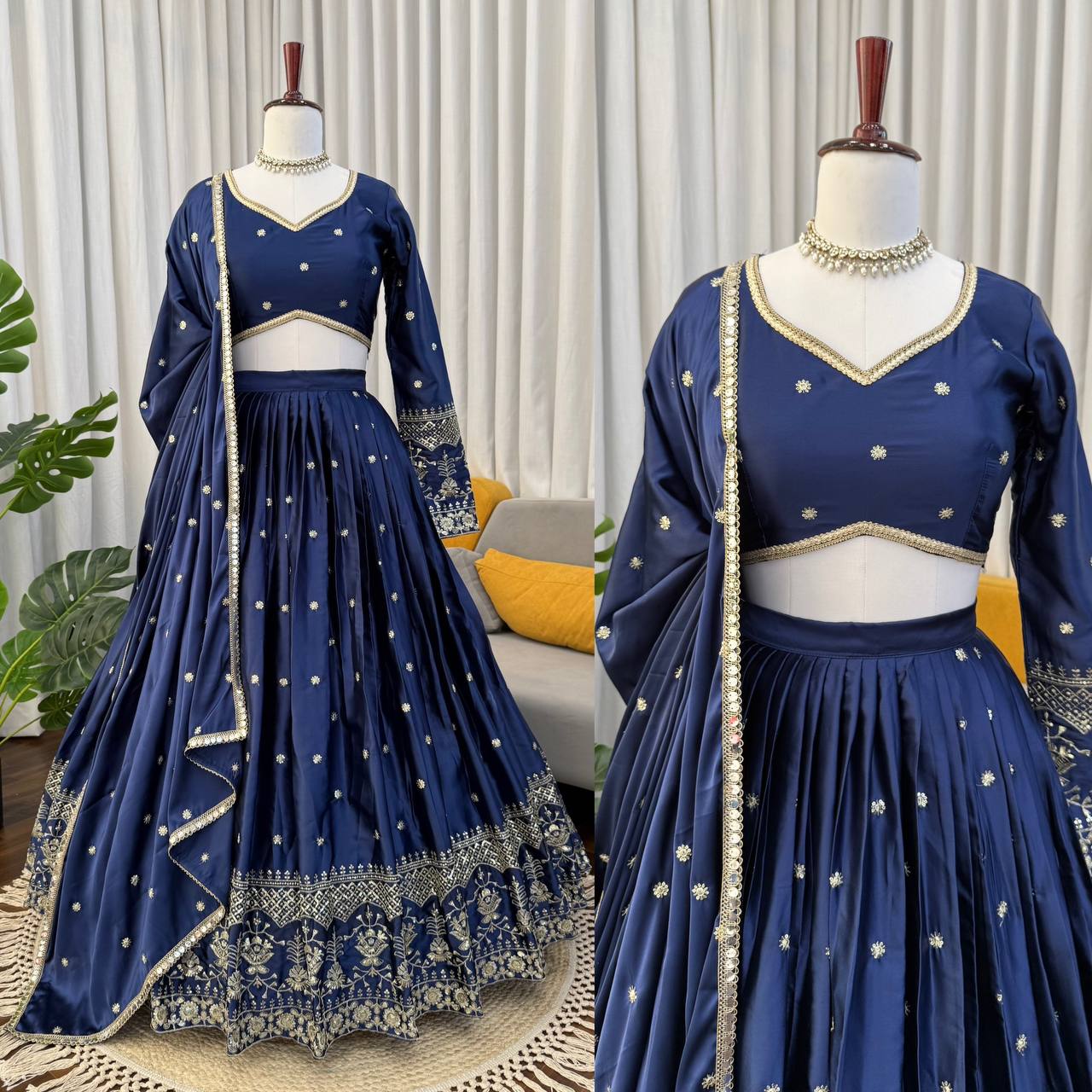 Royal Navy Blue Satin Lehenga with Sequin Work & Designer Dupatta set