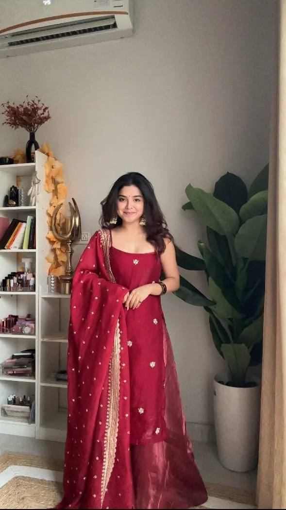 Festive Wear Premium Red  Embroidered Sharara Set