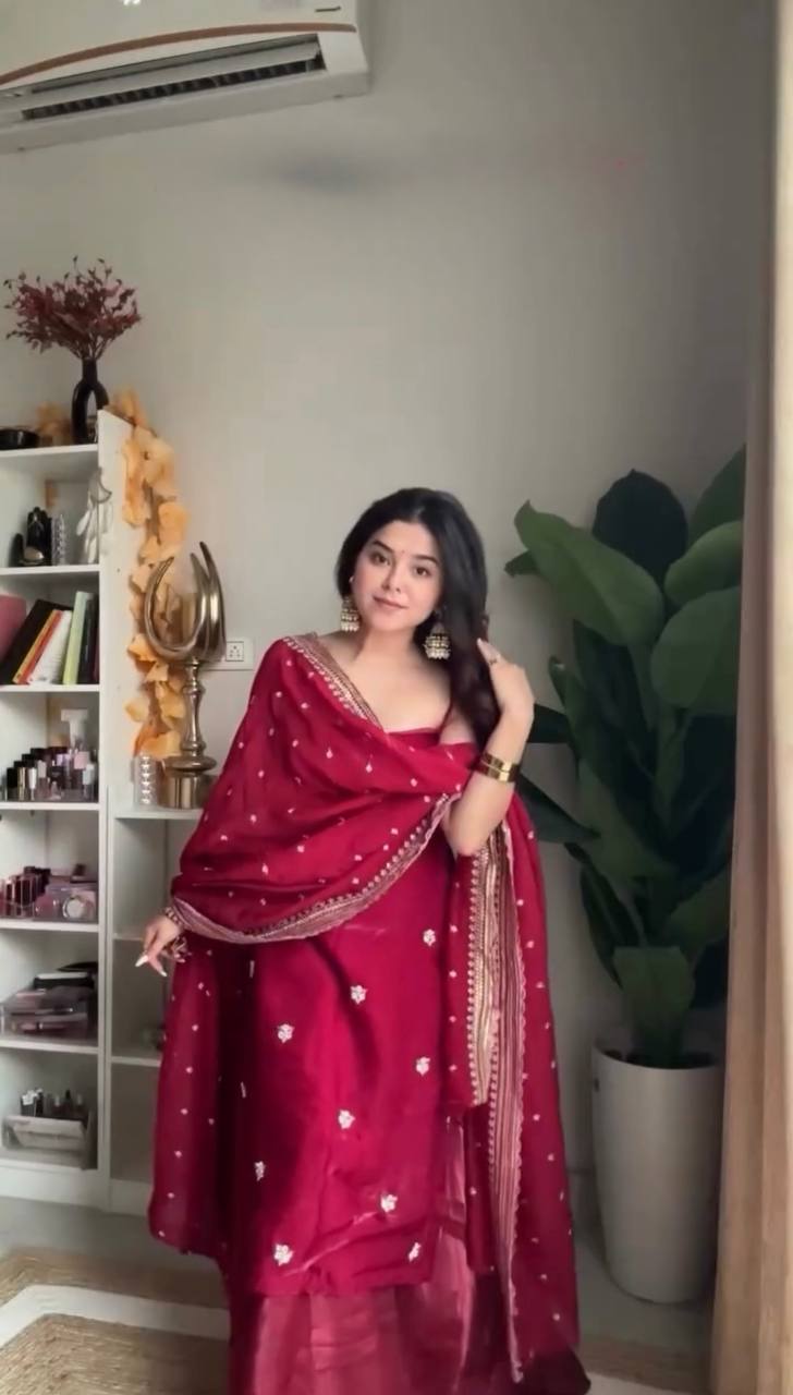 Festive Wear Premium Red  Embroidered Sharara Set