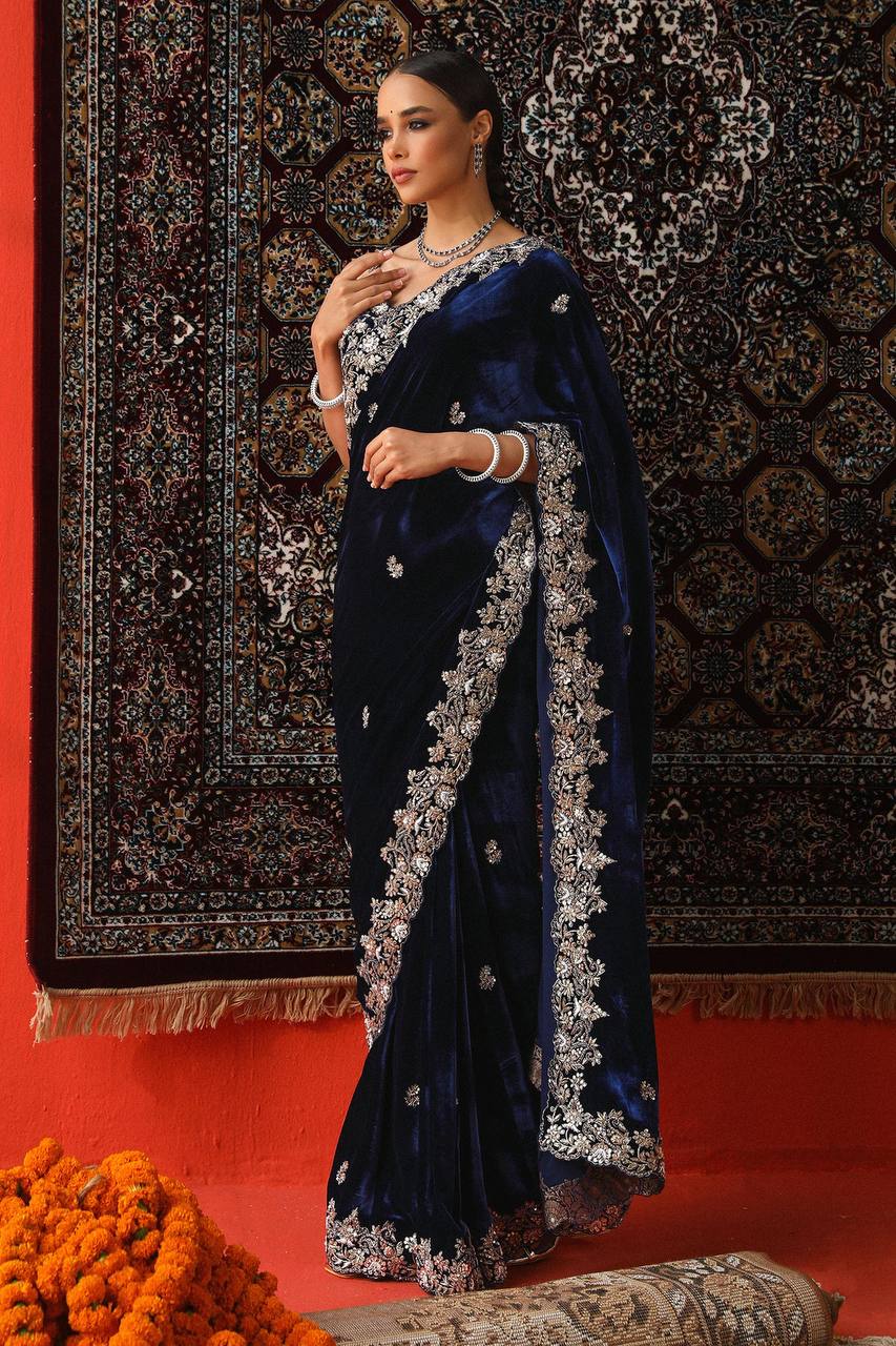 Designer Navy Blue Velvet Party Wear Saree with Heavy Silver Embroidery Border work