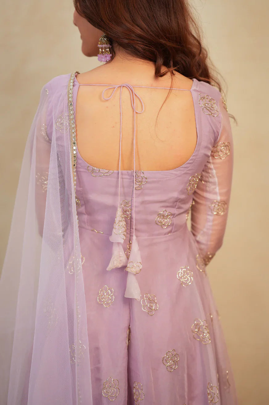 Lavender Organza Anarkali Suit with Rose Motif Embroidery & Net Dupatta