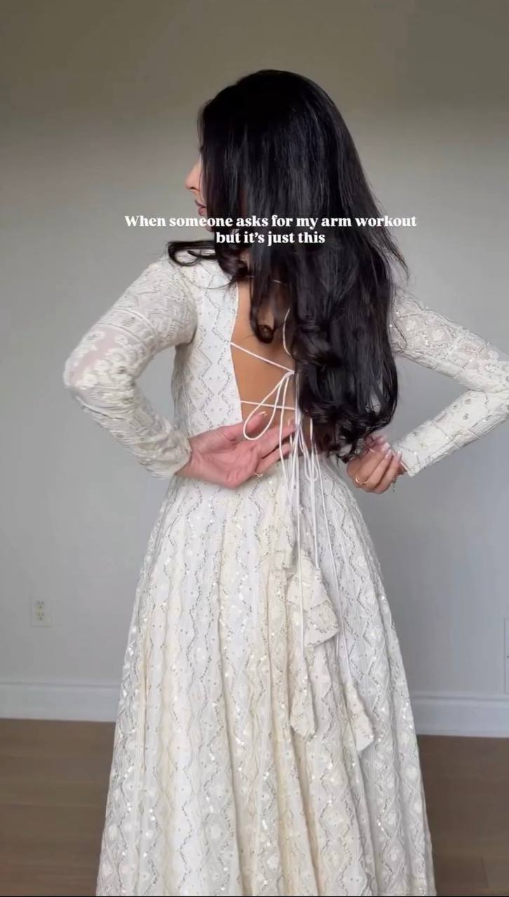 Party Wear White Anarkali Gown Suit Set with Dupatta for Women