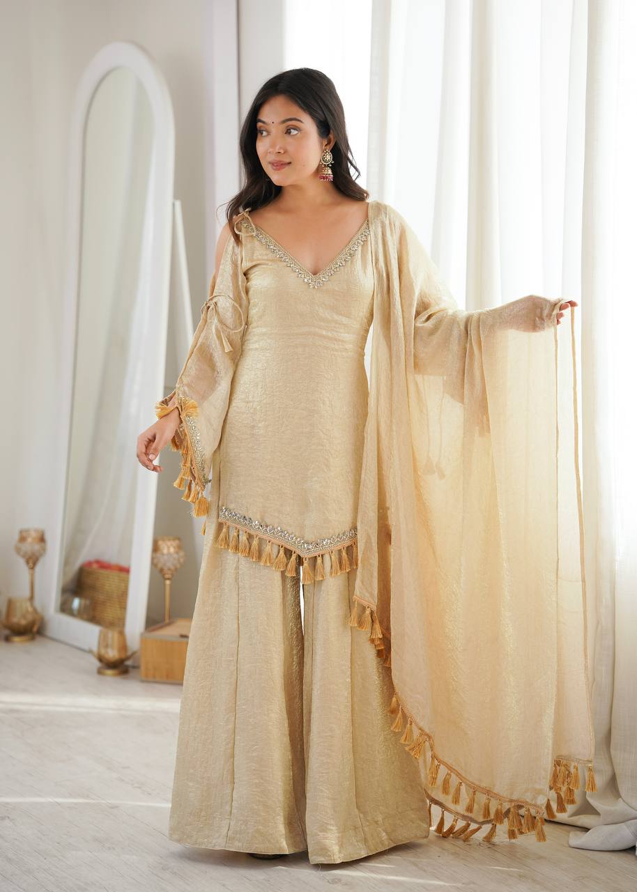 Champagne Beige Mirror Work Kurta Palazzo Suit for Women
