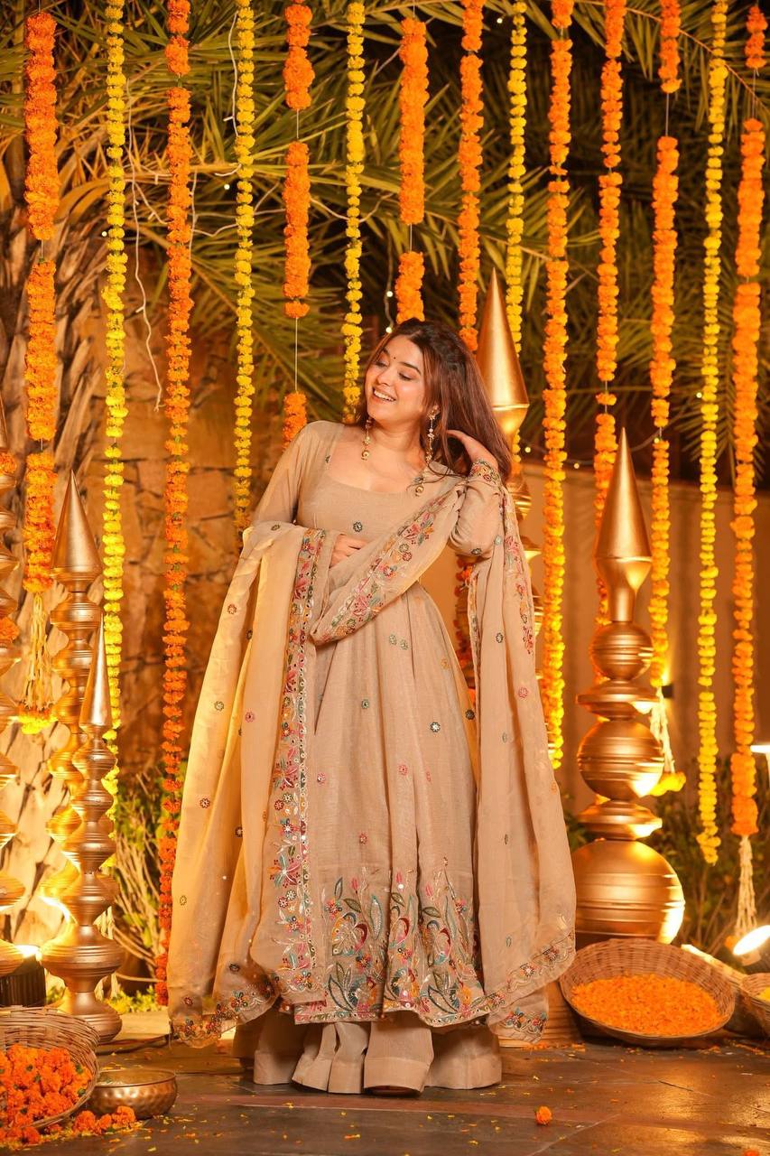 Beige Party Wear Readymade Anarkali Suit Set