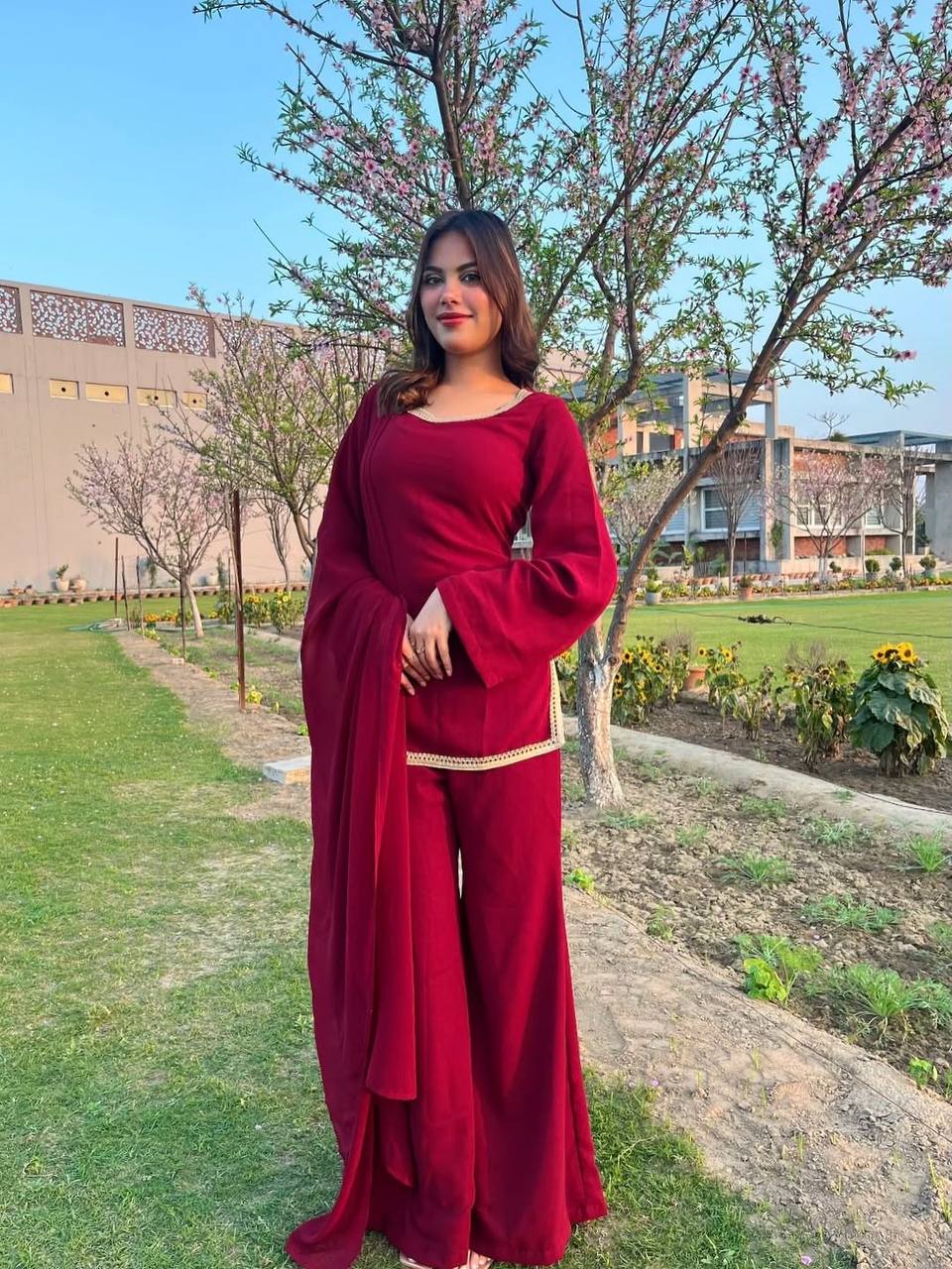 90’s Style Maroon Georgette Palazzo Sharara Suit