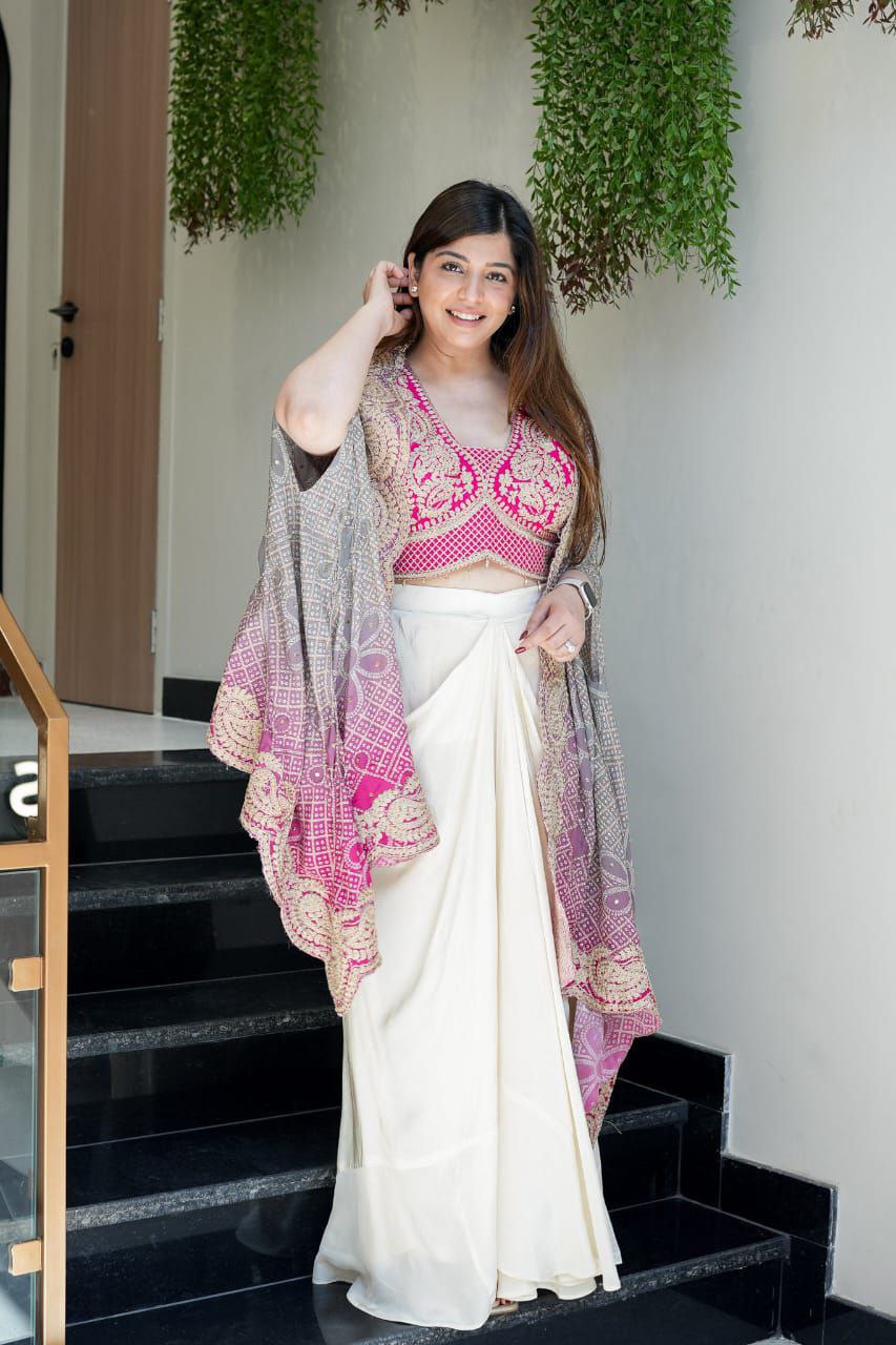 Blush Pink Indo-Western Draped Saree Set for Women – Ready-to-Wear Designer Party Wear