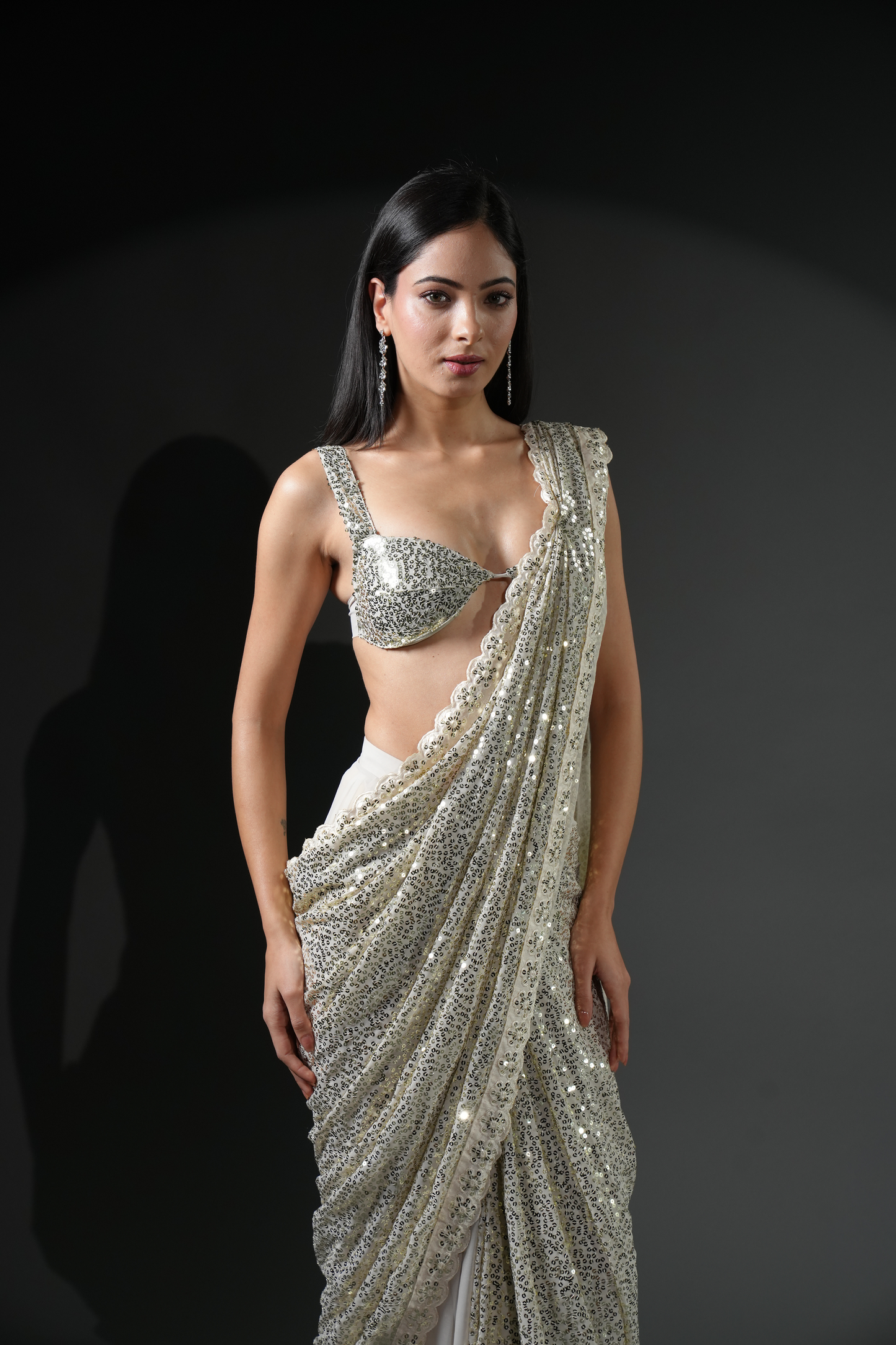 Party Wear Off White Soft Georgette Sequins Saree| Ready To Wear Saree For Wedding