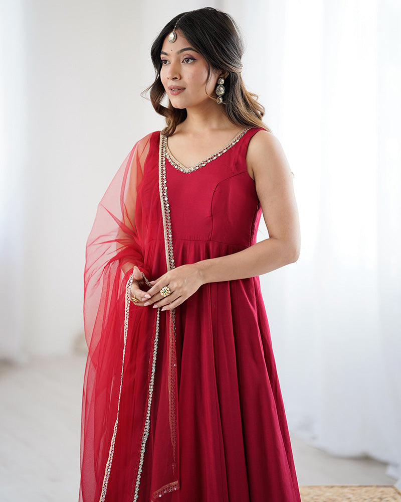 Maroon Chanderi Silk Anarkali Suit – Elegant Pure Roman Silk Party Wear
