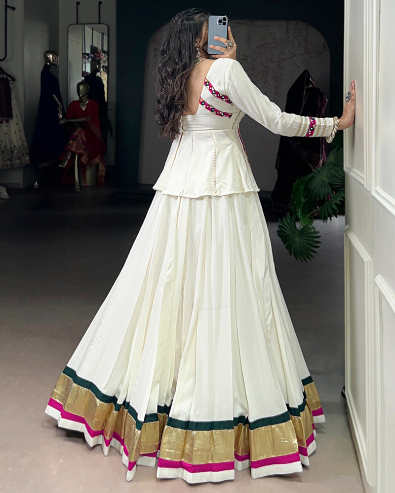White Pure Rayon Embossed Navratri Lehenga Choli for Women
