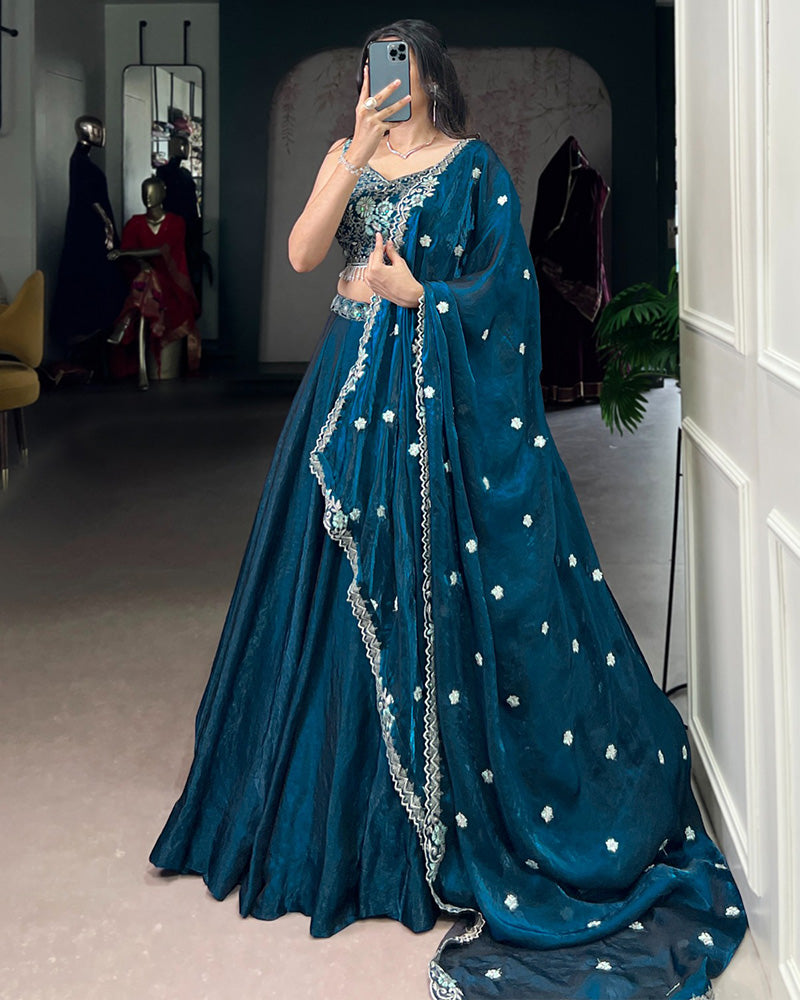 Festive Peacock Color Fendi Silk Embroidered Lehenga Choli