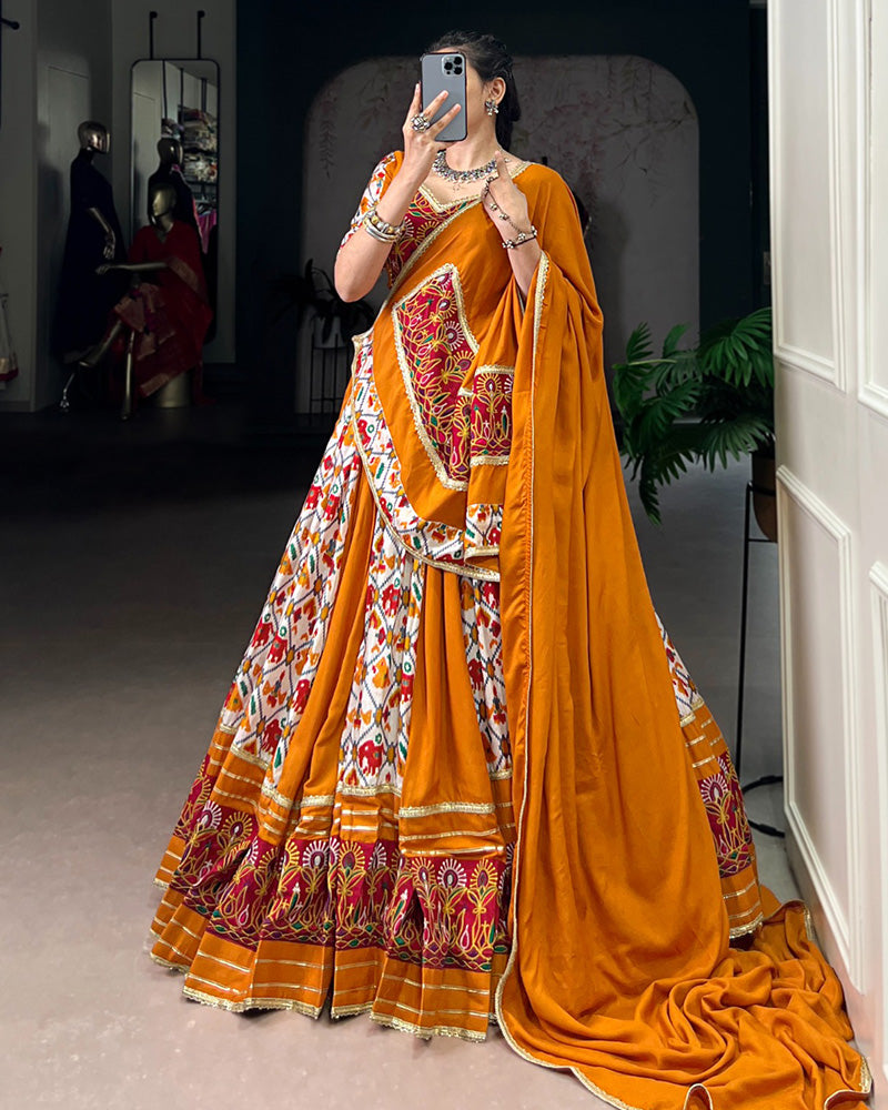 Mustard Pure Rayon Printed Silk Navratri Lehenga Choli for Women