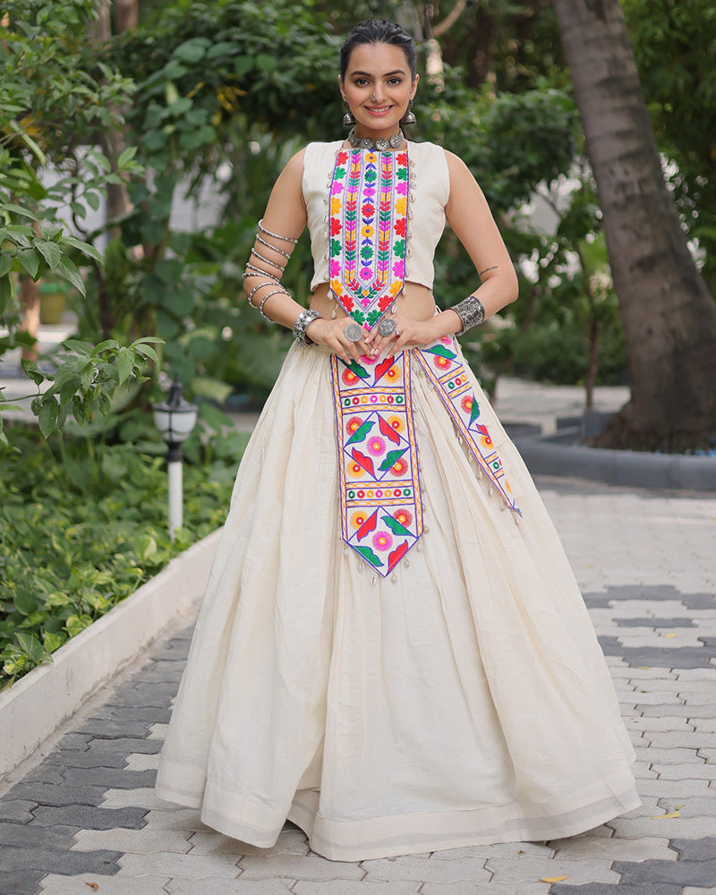 Off White Kora Cotton Gamthi Embroidered Navratri Lehenga Choli for Women