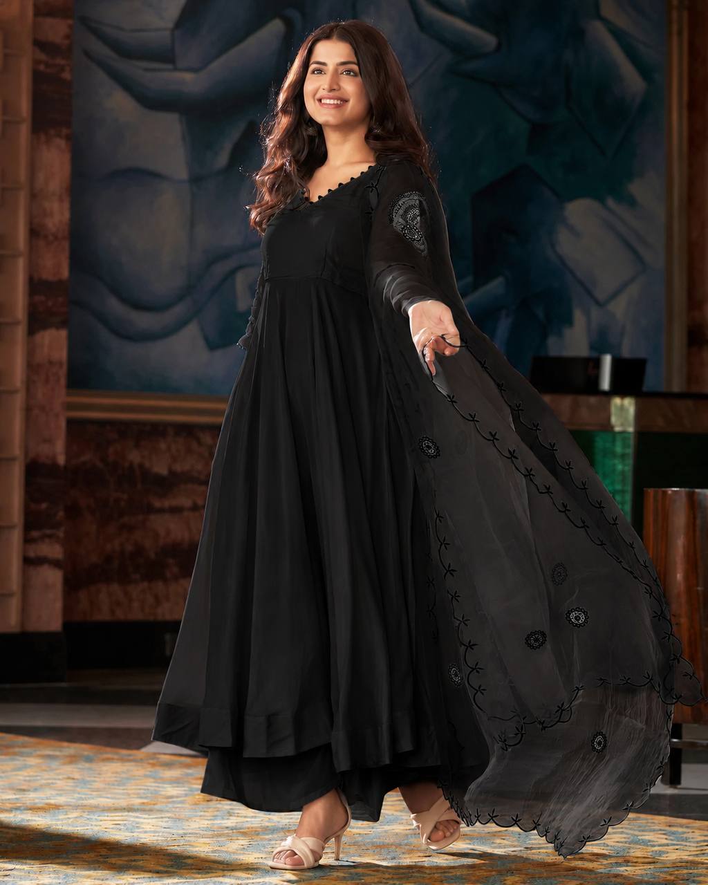 Midnight Black Georgette Anarkali Suit Set with Mirror Work Dupatta | Designer Party Wear Anarkali for Women