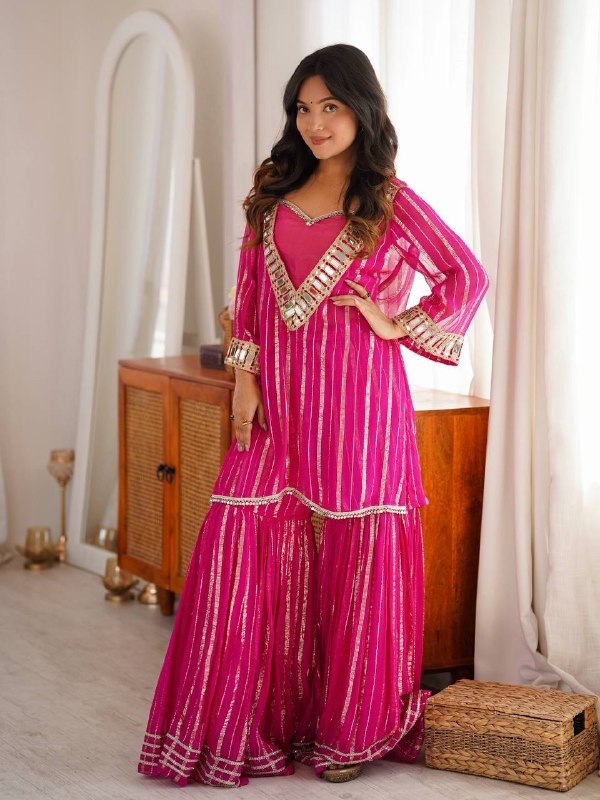 Festive Wear Rani Pink Mirror Work Sharara Suit Set for Women | Trending Designer Outfit