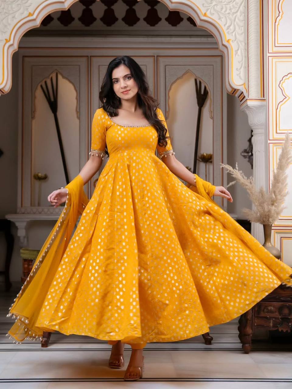 Haldi Special Mirror Work Yellow Anarkali Suit Set with Dupatta for Women