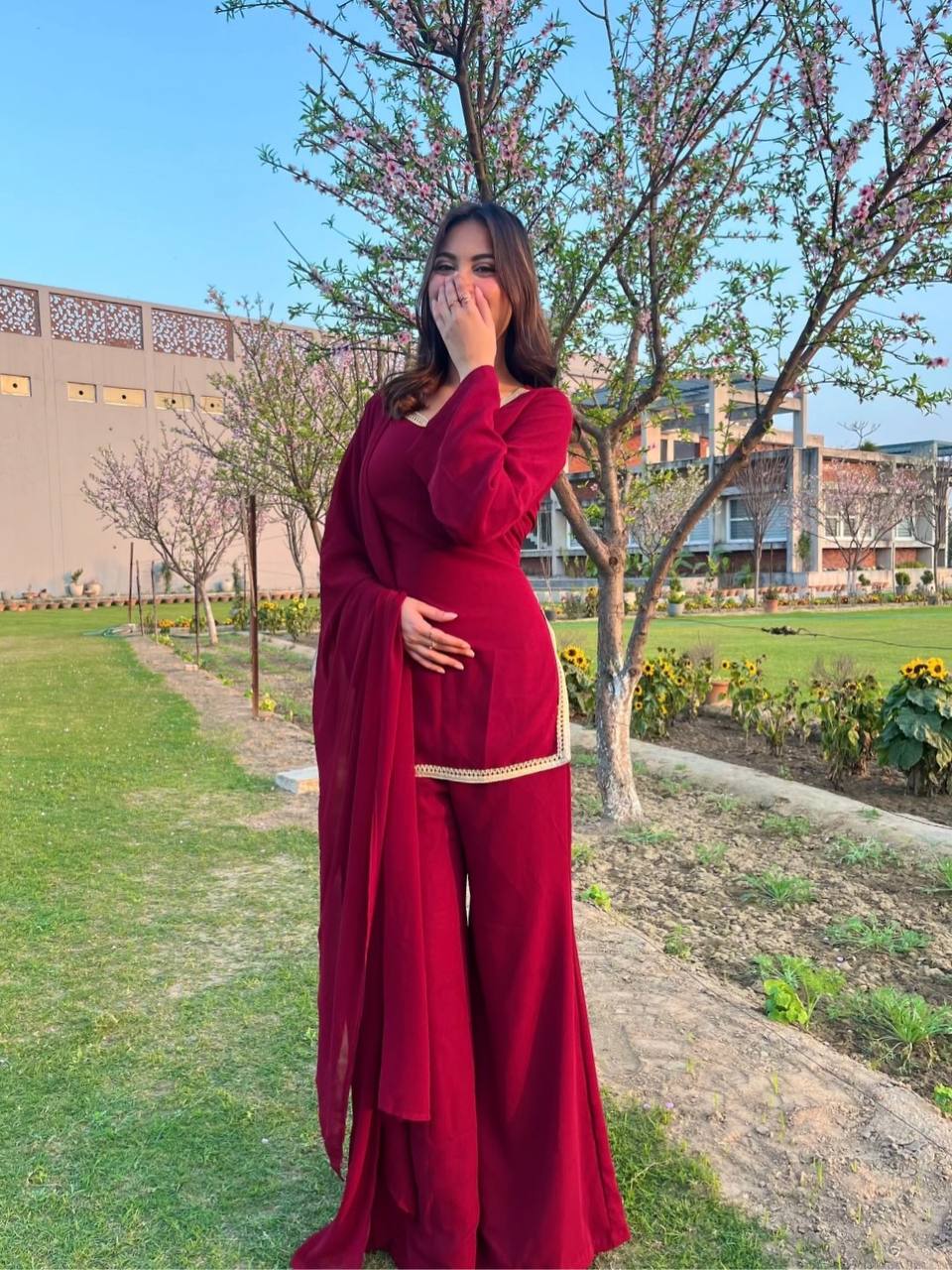 90’s Style Maroon Georgette Palazzo Sharara Suit