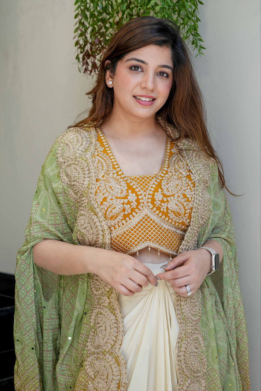 Party Wear Indo-Western Draped Saree Set with Embroidered Shrug - Western Saree Outfit for Women