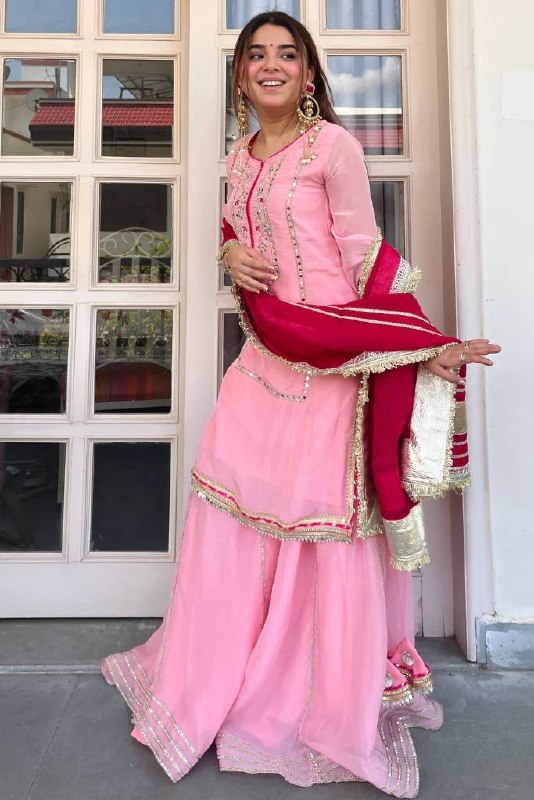 Women’s Baby Pink Embroidered Organza Silk Sharara Suit with Dupatta – Party Wear Ethnic Set
