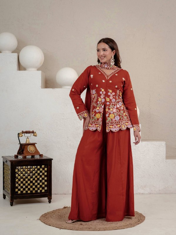 Rust Orange Silk Kurta Palazzo Suit Set for Women | Premium Wedding & Festive Wear