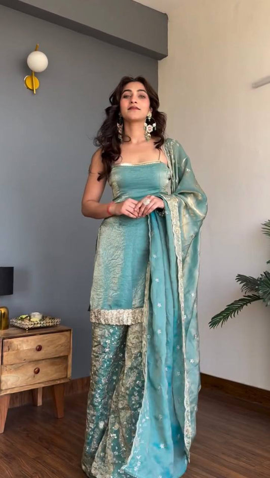 Aqua Blue Palazzo Suit Set with Dupatta for Women | Embroidered Wedding, Party Wear & Pakistani Style 3 Piece Suit