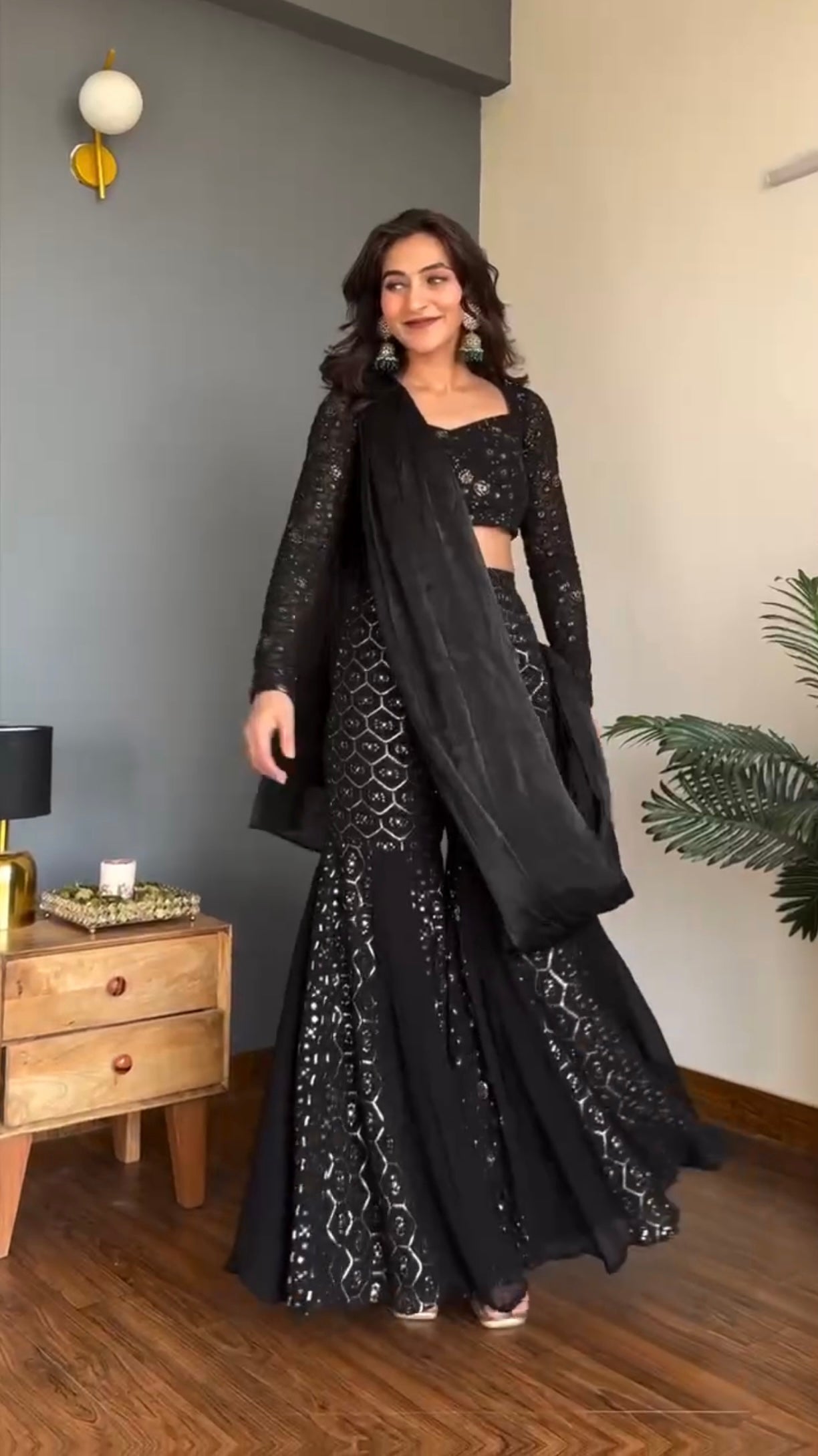 Ready-to-Wear Midnight Black Fully Stitched Lehenga Sharara Set |Fully Stitched Lehenga Sharara for Women